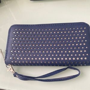 Purse wallet blue with silver stars, wrist strap